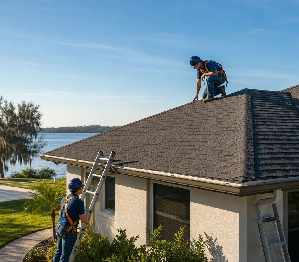 Roofing crew carefully inspecting a single-family home in Eustis, Florida with properly set ladders and visible safety gear