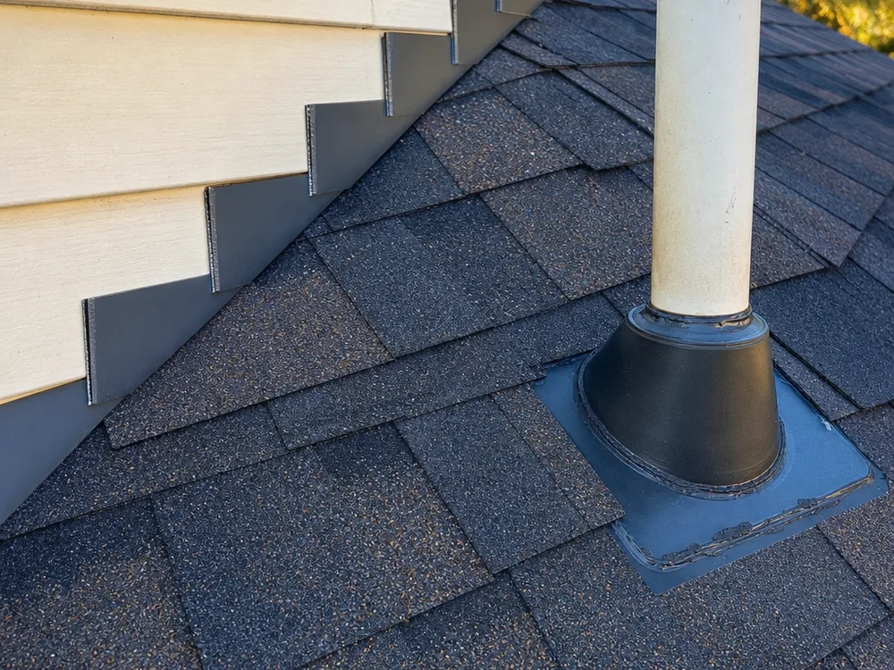 Close-up of properly installed step flashing and a sealed pipe boot on an asphalt shingle roof