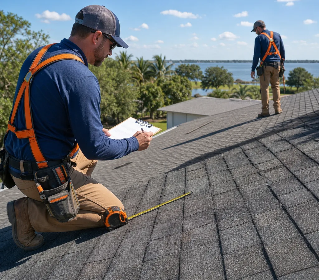 Roofing crew in safety gear inspecting a residential shingle roof in the Florida sun