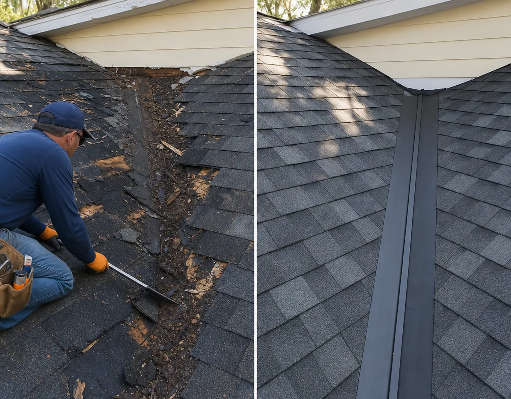 Before and after comparison of a damaged shingle valley and the completed valley repair