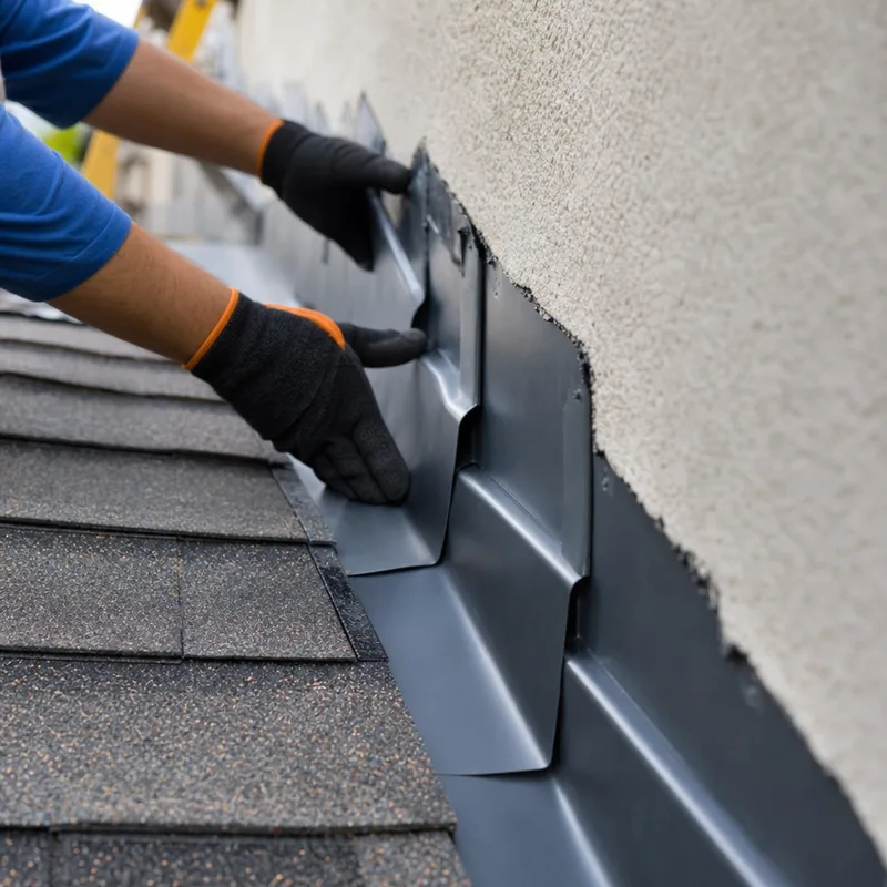 Properly installed step flashing and counterflashing at a roof-to-wall transition