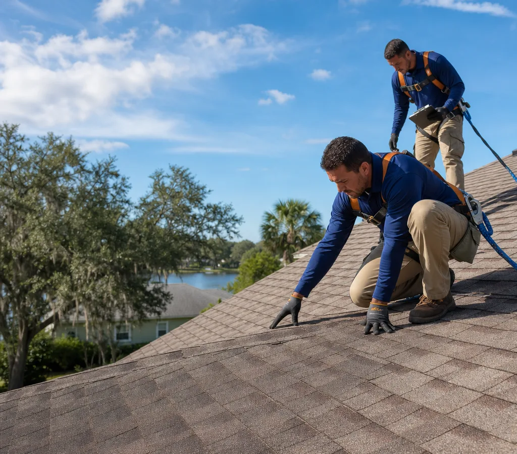 Roofing crew inspecting a Florida shingle roof with safety harnesses, blue sky, and mature Lake County trees