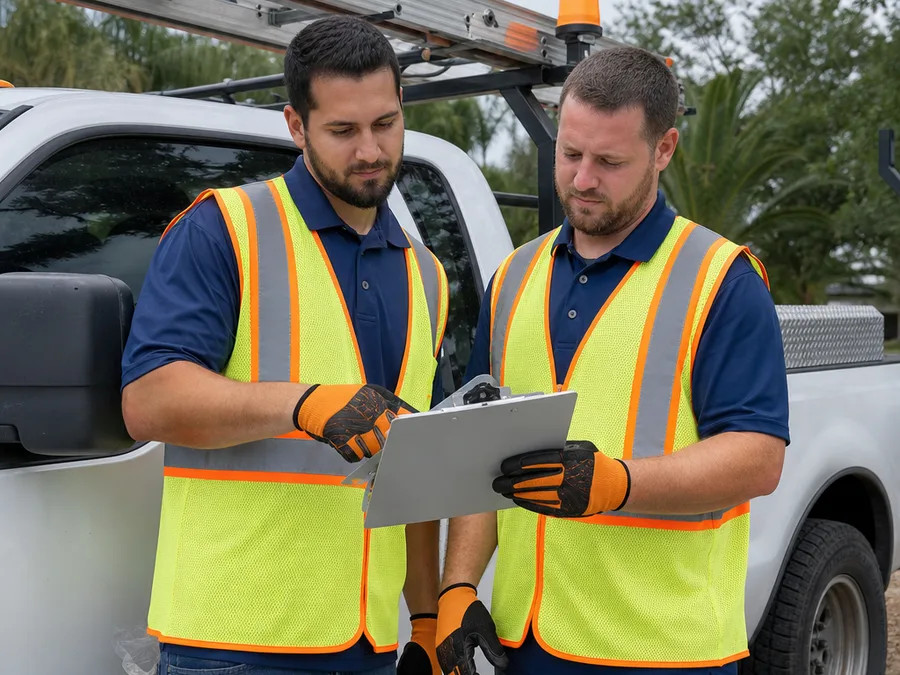 Eustis Roofing Florida team reviewing an assessment checklist beside a work truck